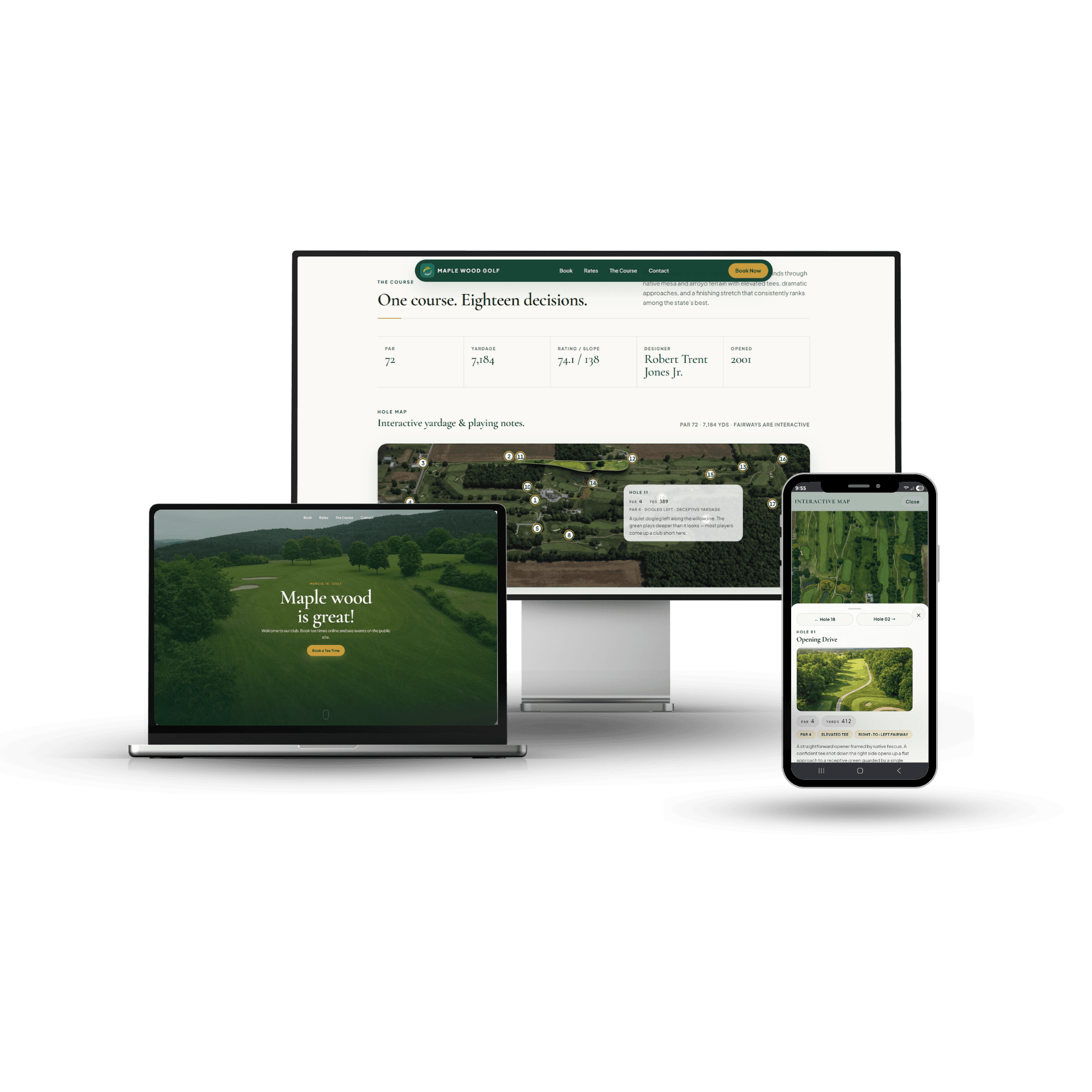Public golf course website with tee times, storytelling, events, and booking entry.