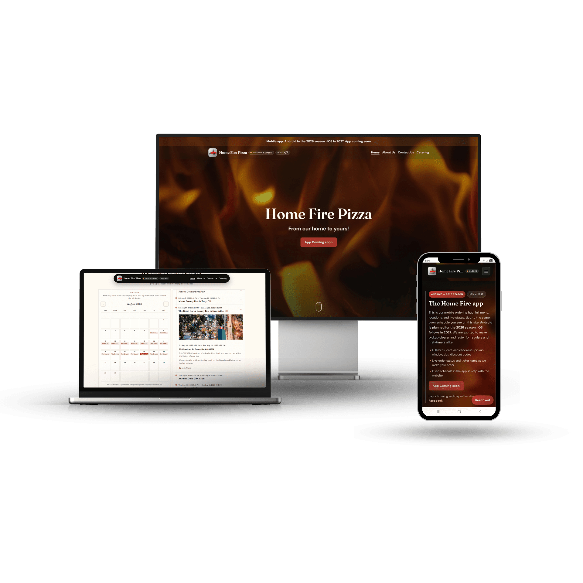 Home Fire Pizza composite showing website, customer mobile app, and operator dashboard as one connected production stack.