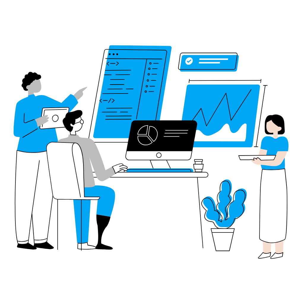 Illustration of a team collaborating on software, code, and analytics.