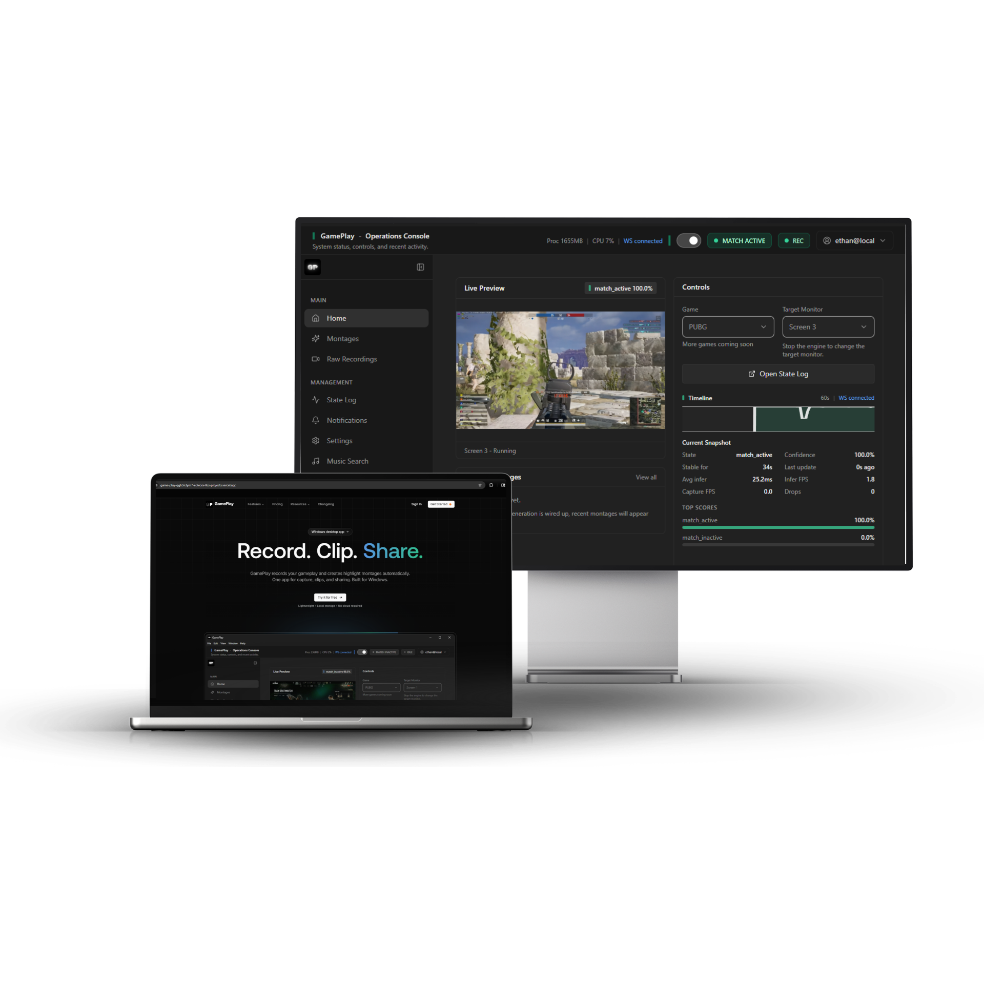 GamePlay desktop operations console and companion site with live state detection.