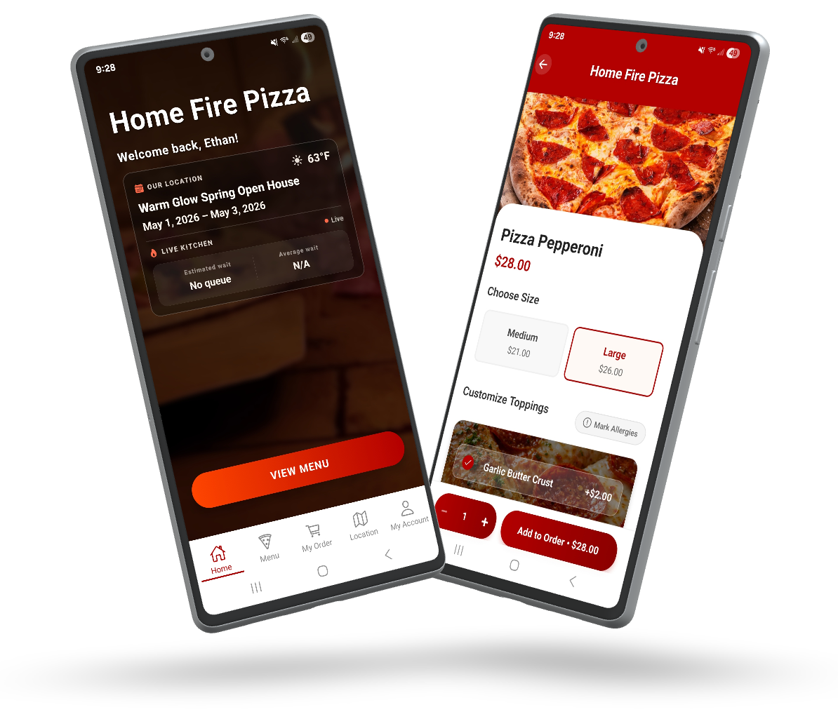 Home Fire Pizza mobile app showcase graphic with angled phone mockups for home and product screens.